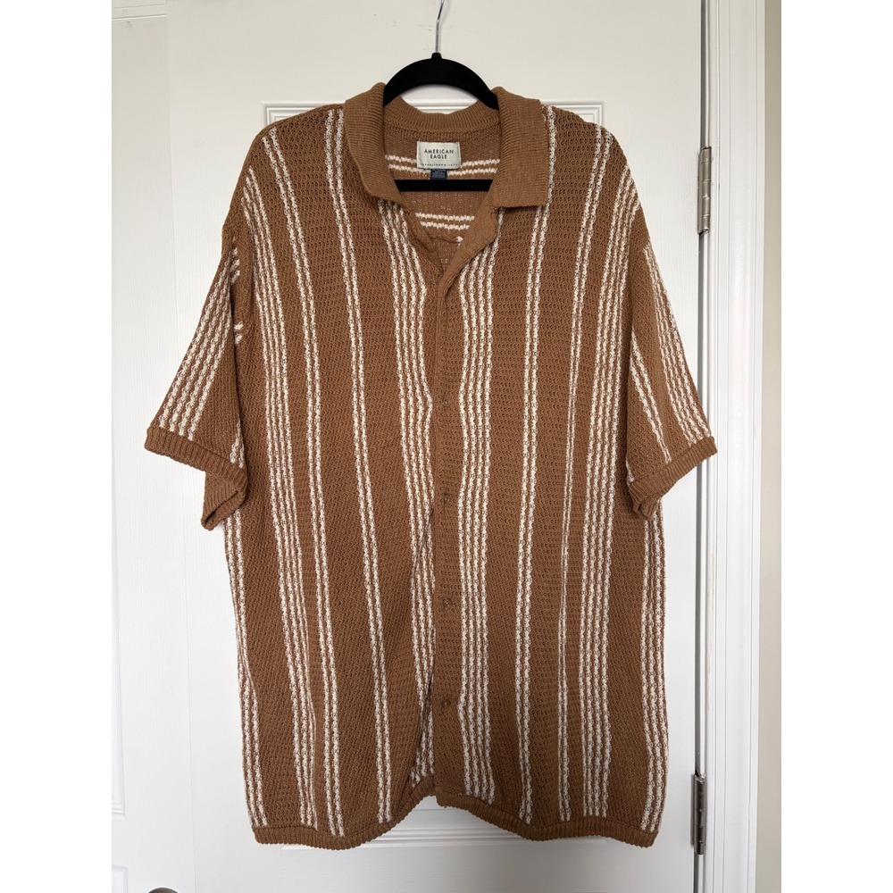 American Eagle Mens XL Brown White Striped Short Sleeve Crochet Knit Button Up